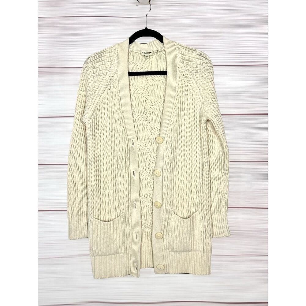 REPEAT Cashmere Rib Knit Long Cardigan Sweater Cream Color V-neck Pockets size S